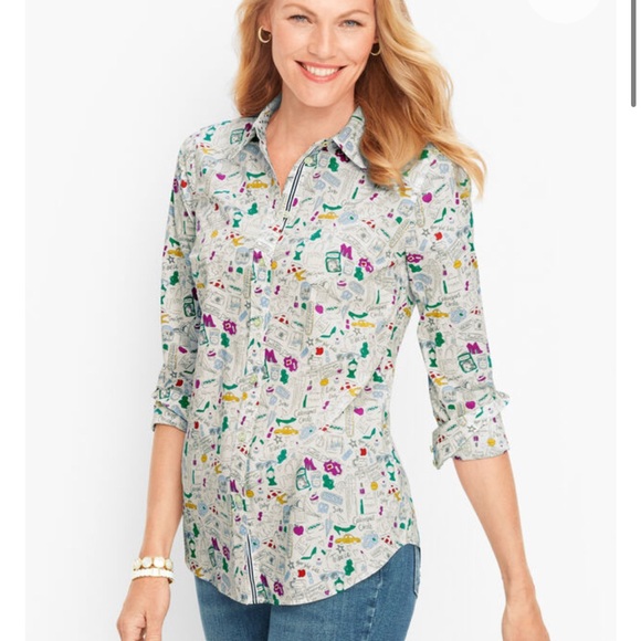 Talbots Tops - Talbots Top NYC Doodle 100% Cotton Button Front Long Sleeve Shirt Sz MP